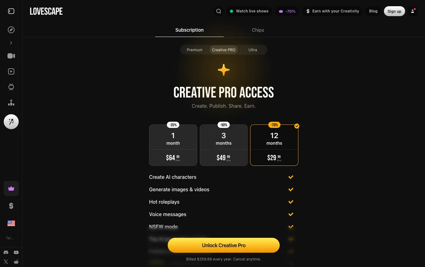Screenshot of the official Lovescape pricing page, captured October 8, 2026