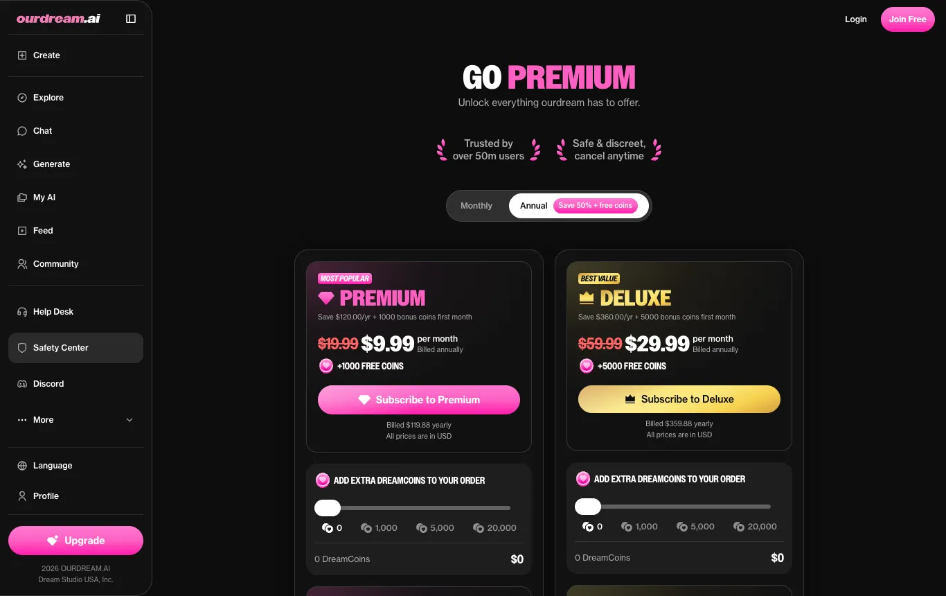 Screenshot of the official OurDream AI pricing page, captured October 8, 2026