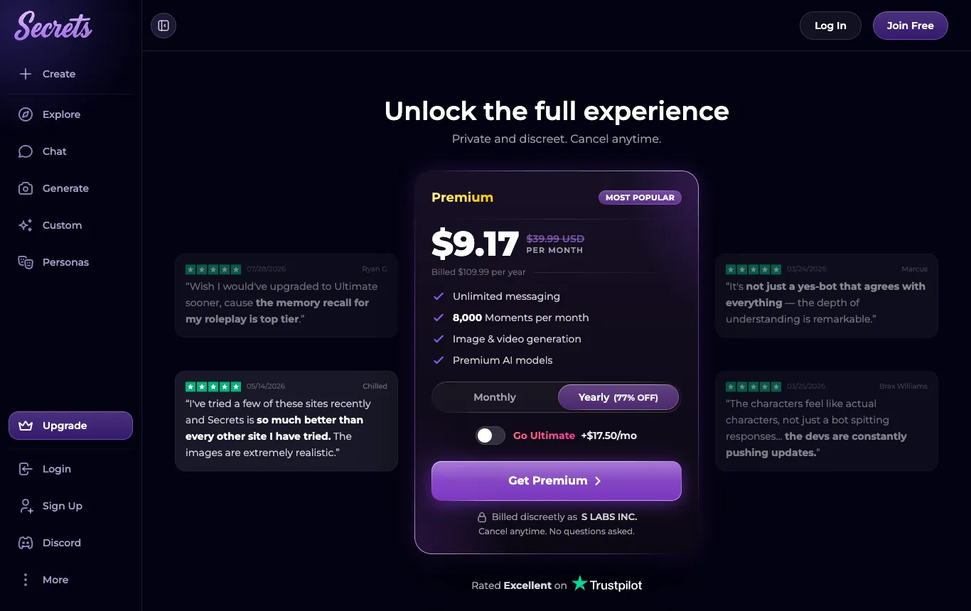 Screenshot of the official Secrets AI pricing page, captured October 8, 2026