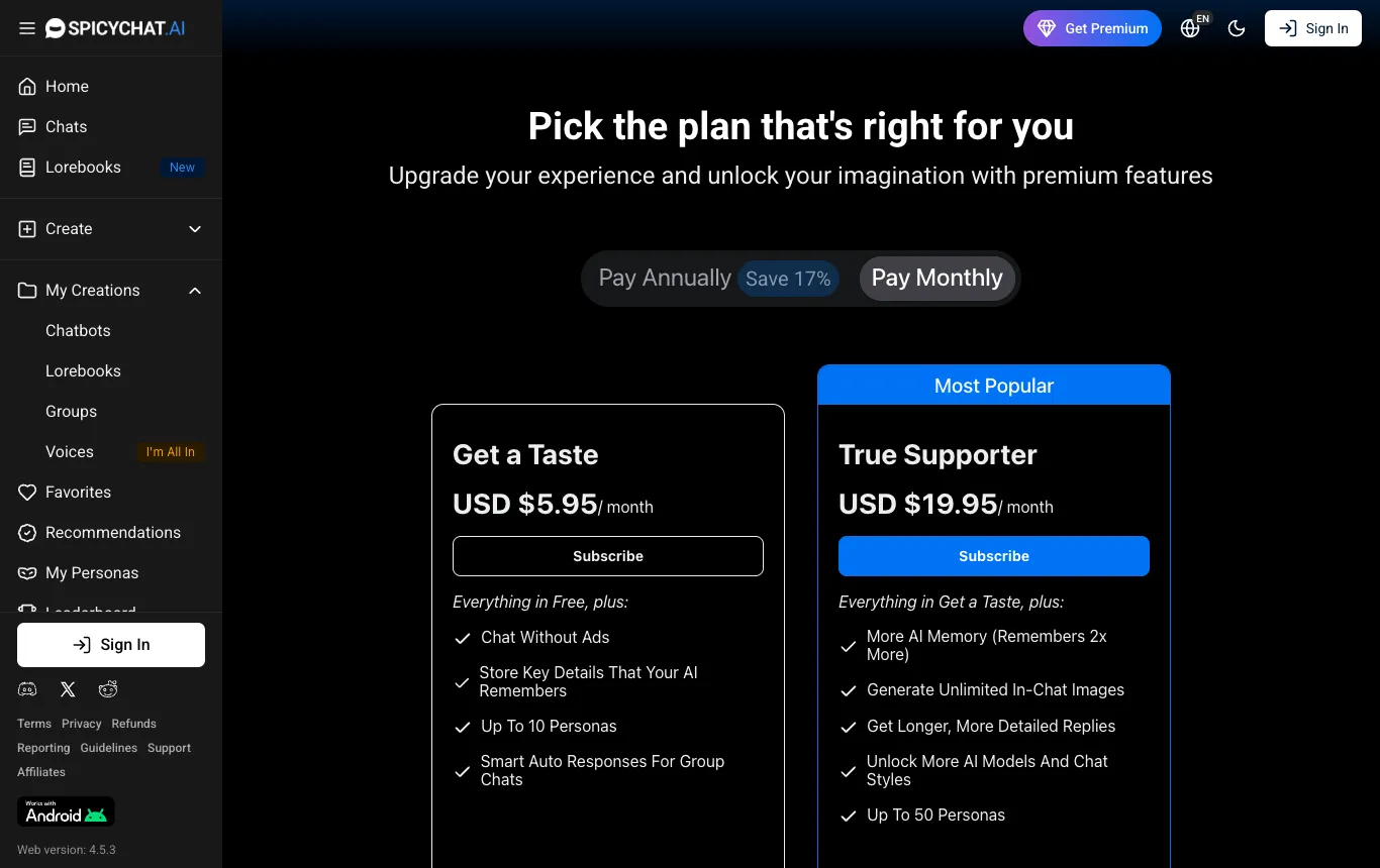 Screenshot of the official SpicyChat pricing page, captured October 8, 2026